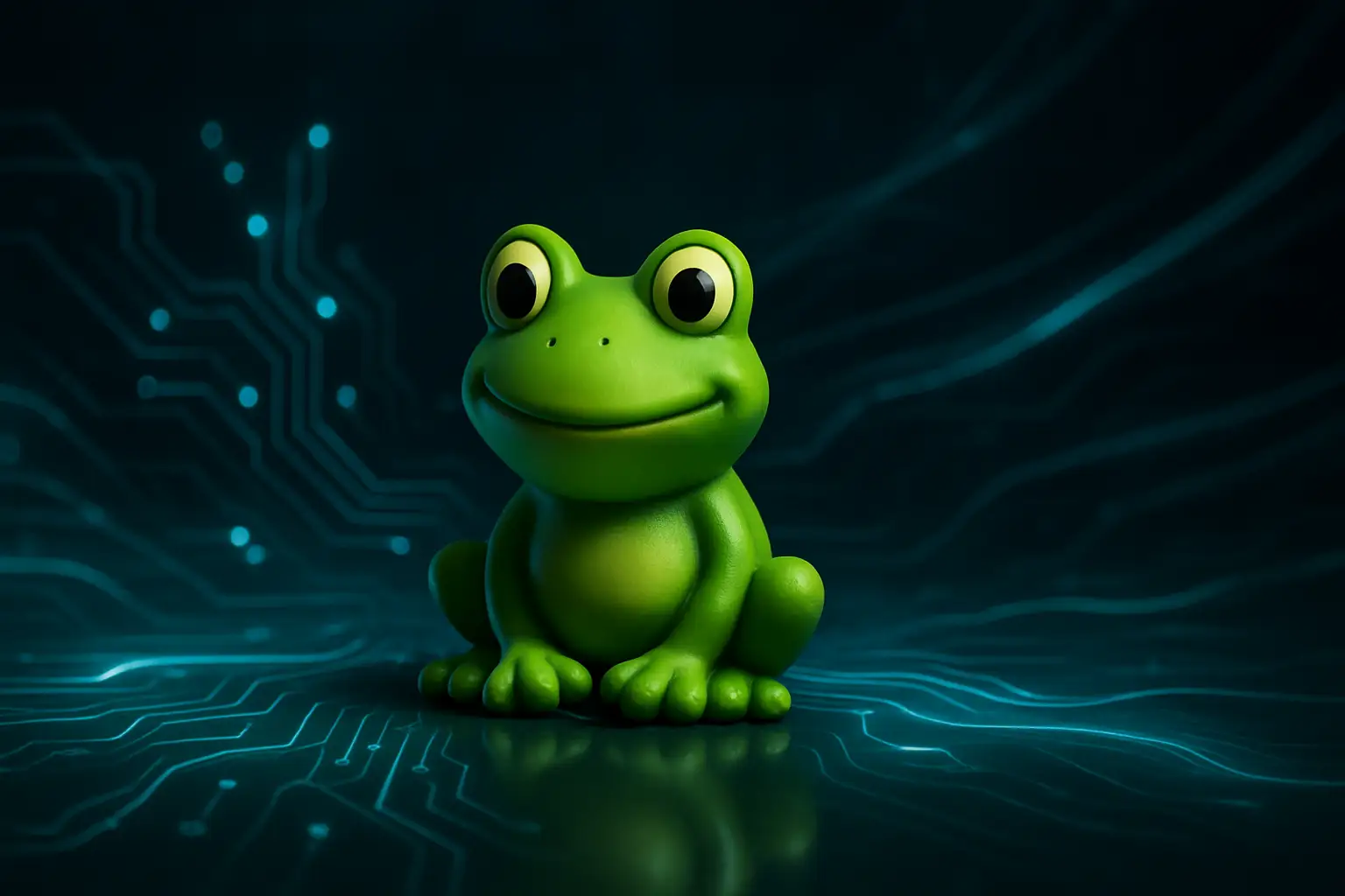 A stylized green frog character glowing against a dark digital background with blockchain network lines