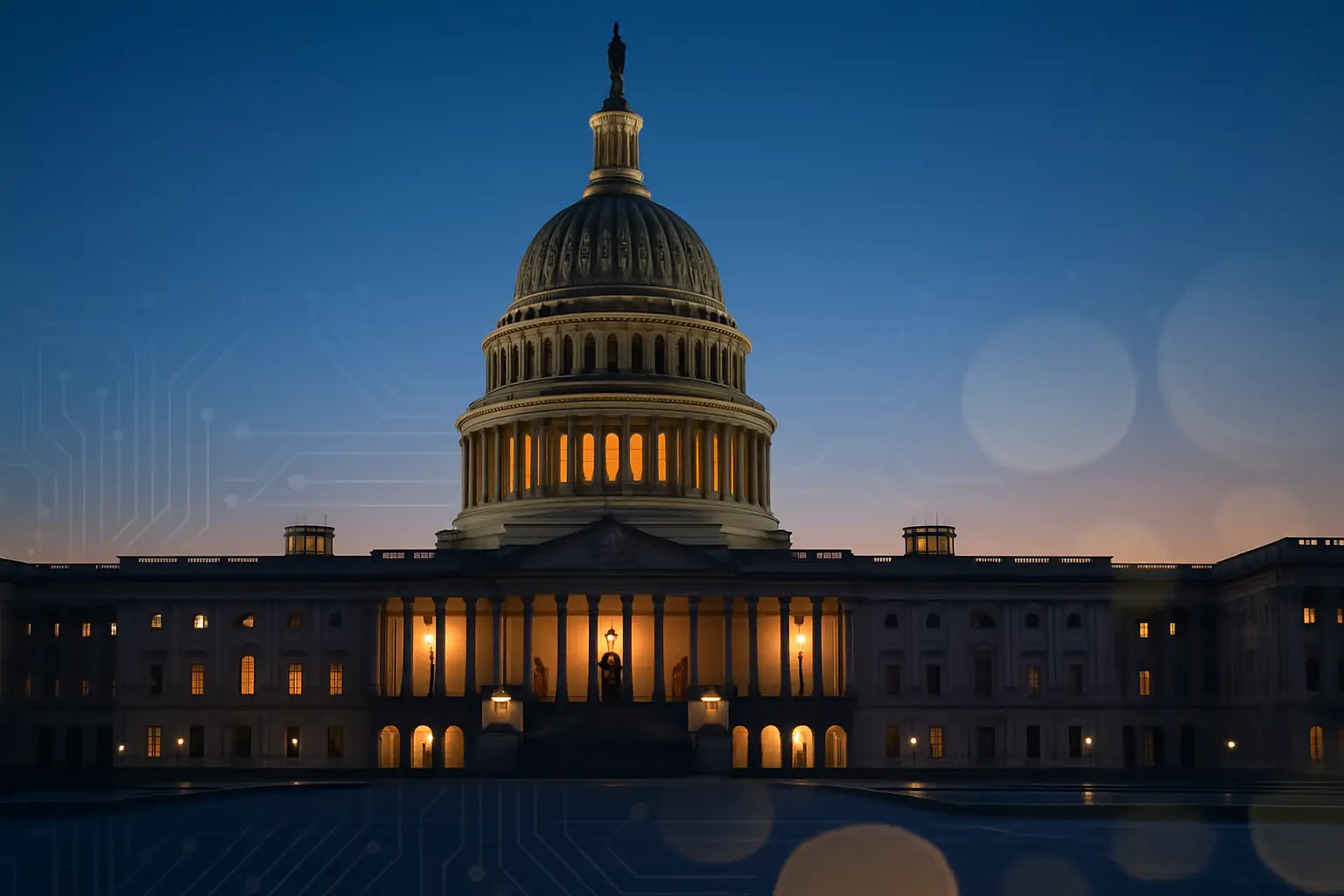 Capitol building with financial technology icons overlaid on a blue background