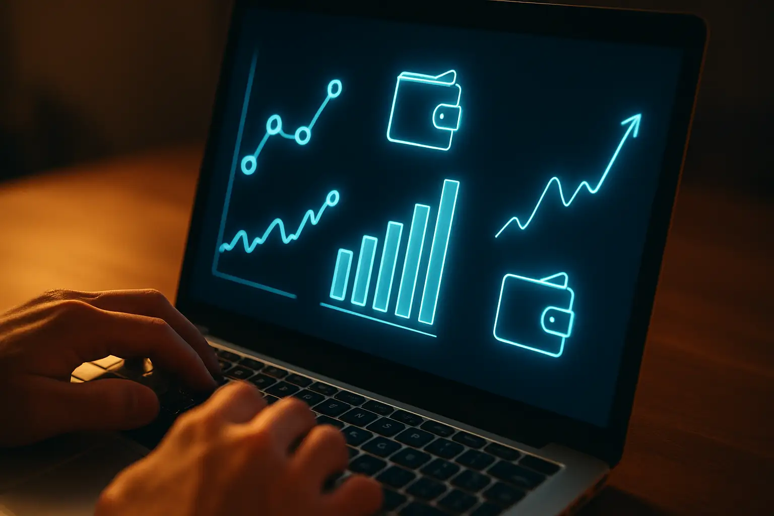 A person viewing crypto trading charts on a laptop with Ethereum tokens displayed on screen