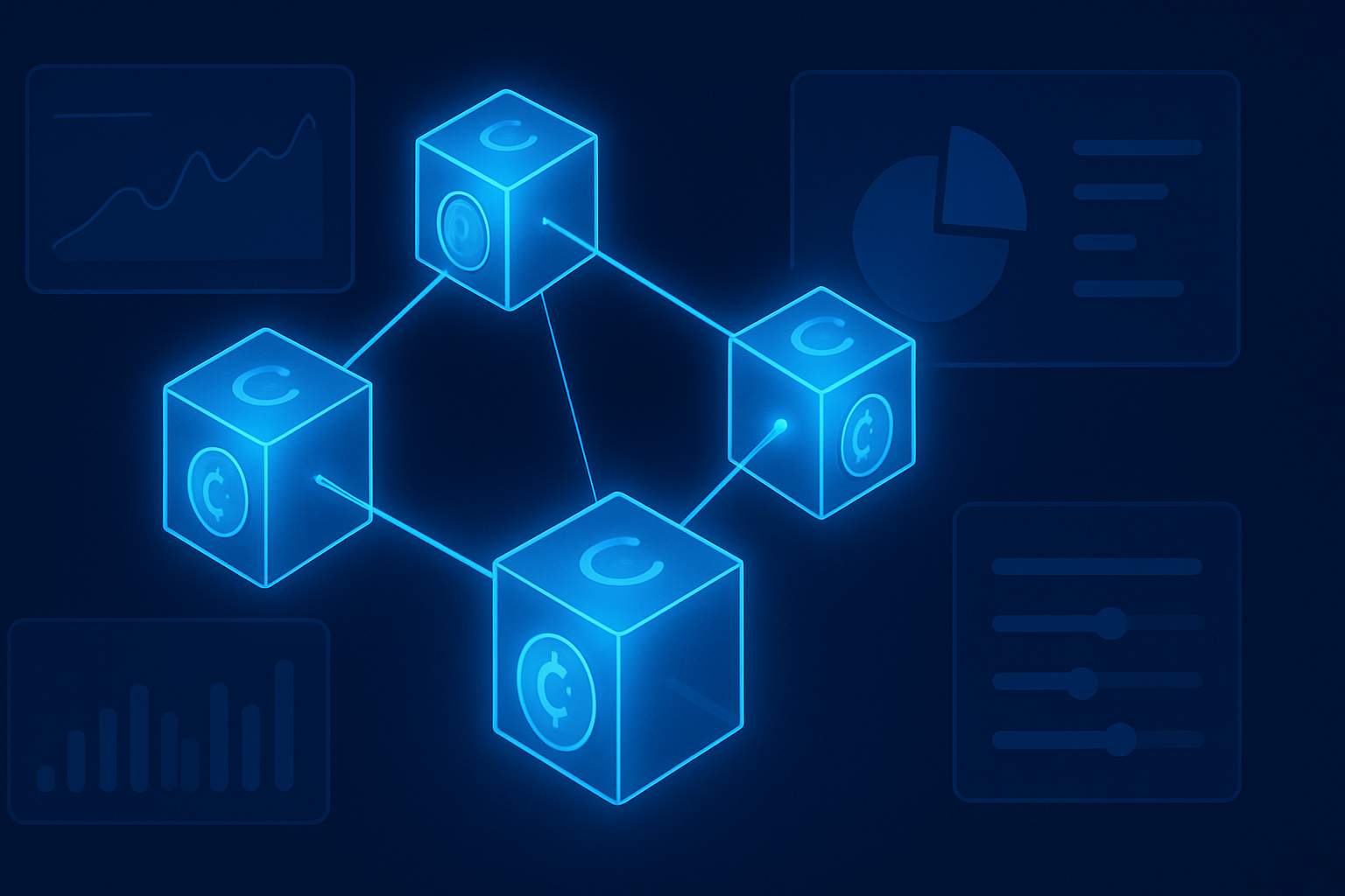 Digital illustration of the Kava blockchain network with coins and DeFi interface elements