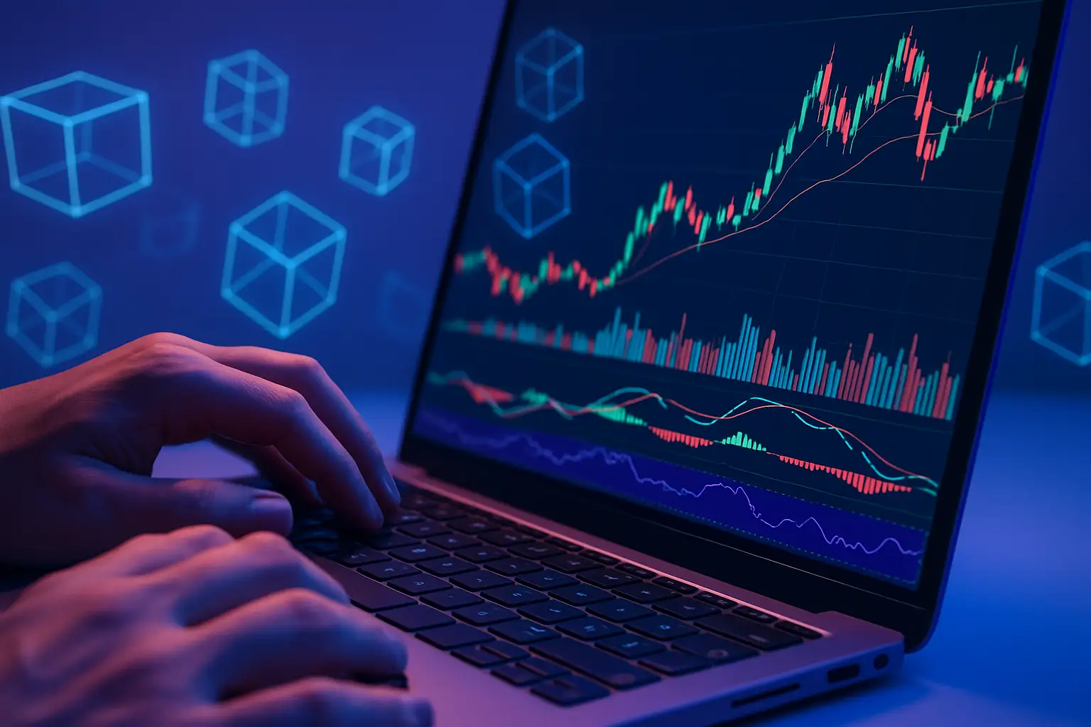 A person reviewing cryptocurrency charts on a laptop with digital token symbols in the background