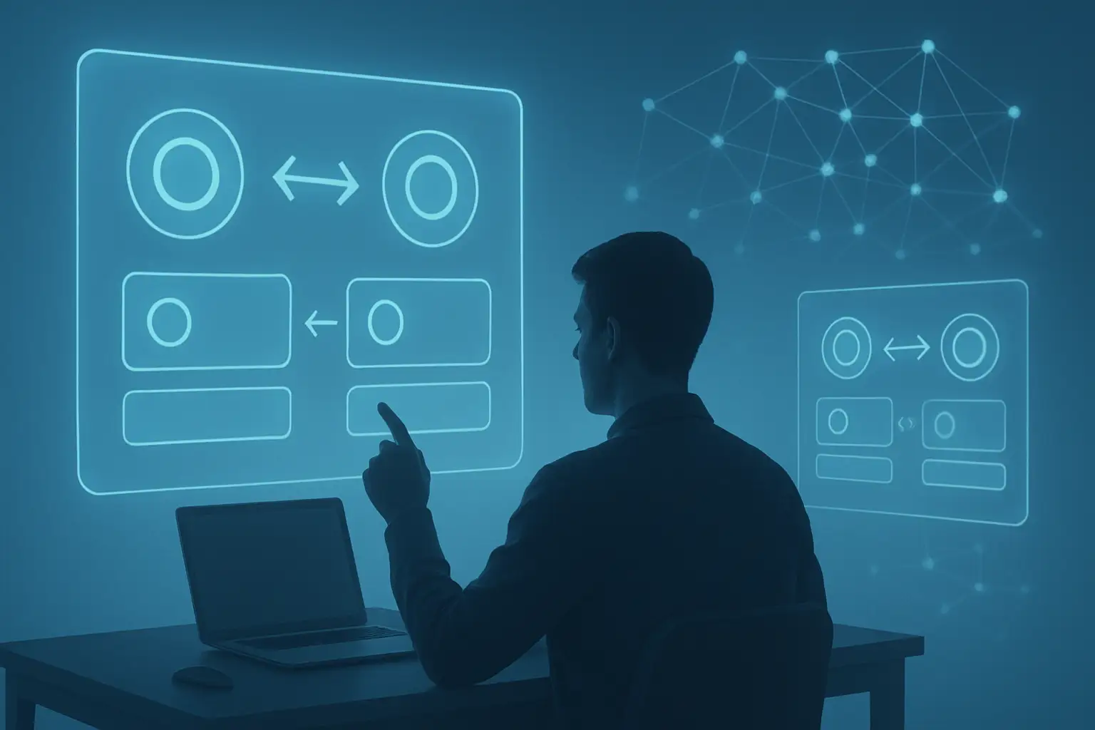 A digital illustration of a person interacting with a decentralized exchange interface on a glowing screen, surrounded by Ethereum token symbols