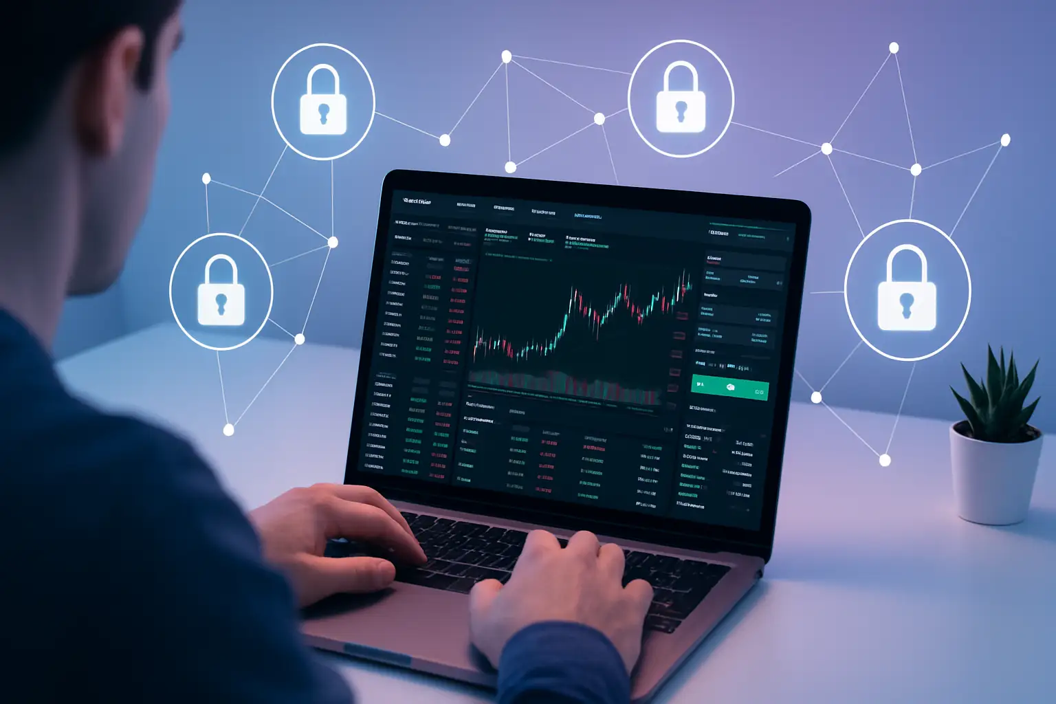 Digital illustration of a person buying HOPR cryptocurrency on a laptop with privacy and security icons floating around the screen