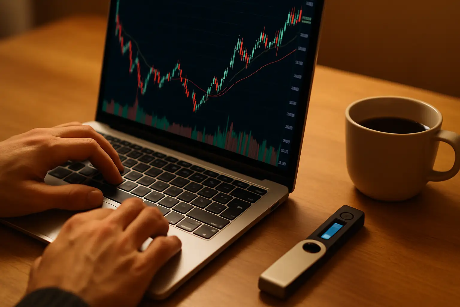 A person viewing cryptocurrency trading charts on a laptop with a digital wallet interface open
