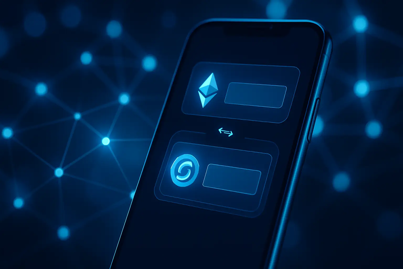 A digital illustration showing a crypto wallet interface with token swap options on a blue blockchain-themed background
