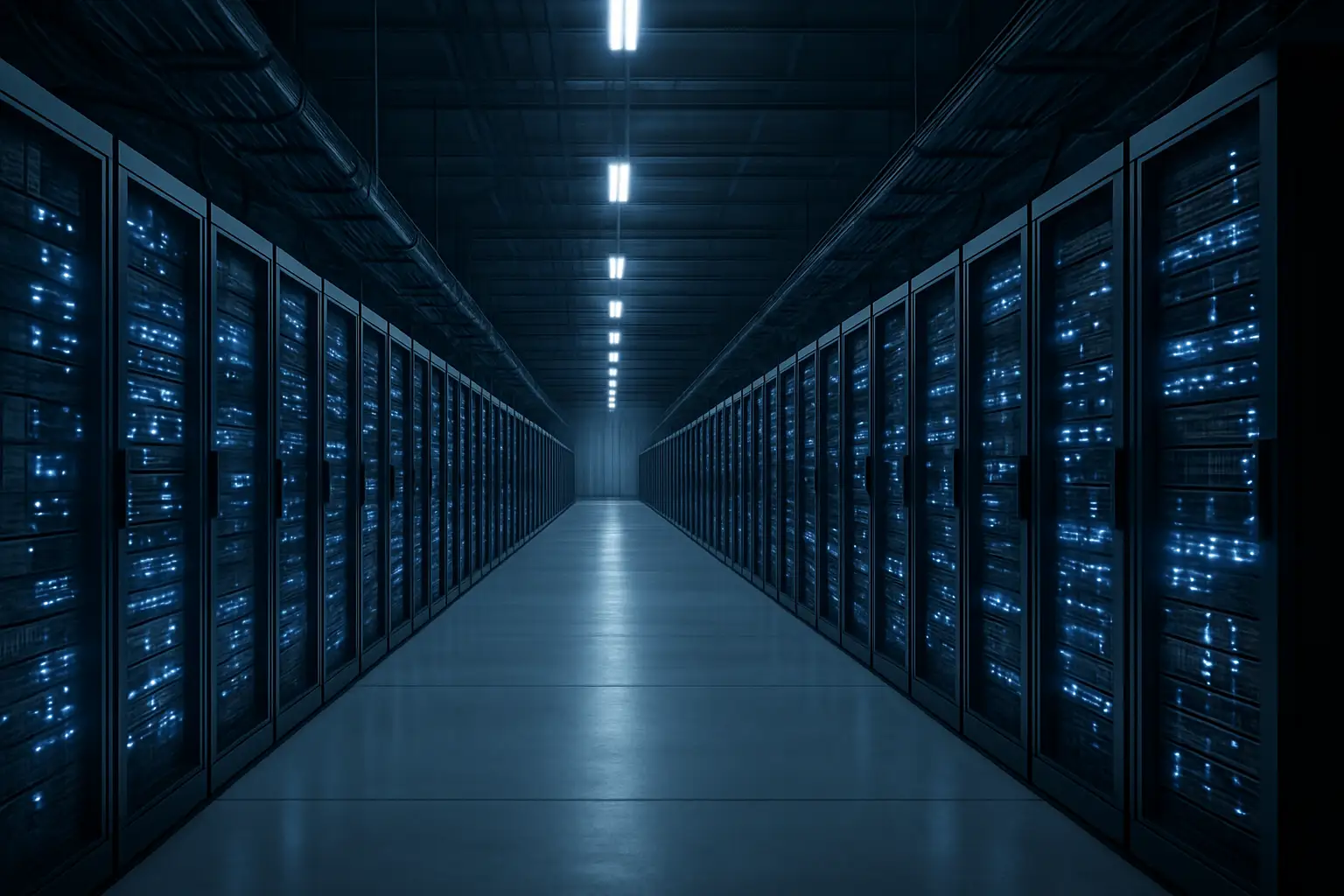 Large data center facility with rows of servers lit in blue light representing AI and crypto computing infrastructure