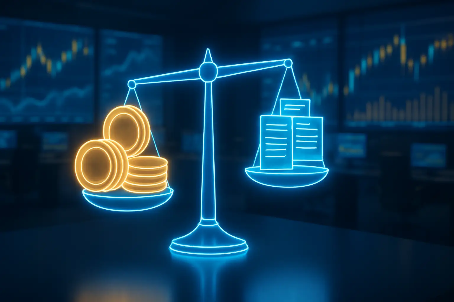 Digital balance scale weighing crypto tokens against ETF documents in a modern financial setting