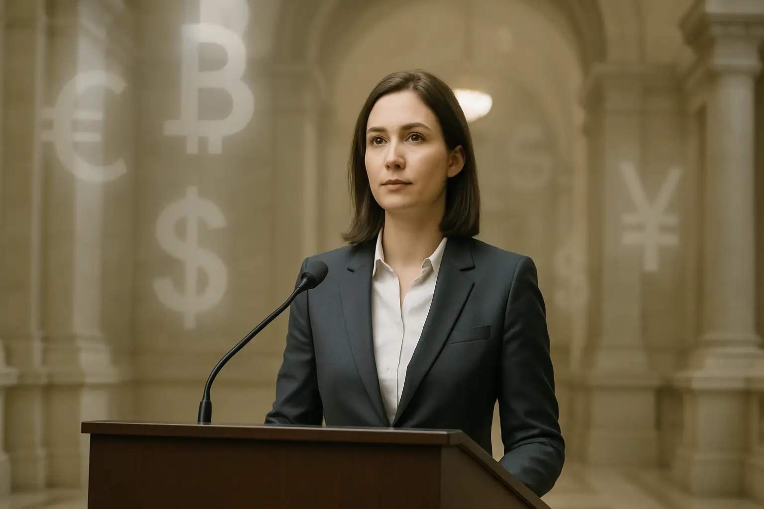A government official at a podium speaking about cryptocurrency regulation