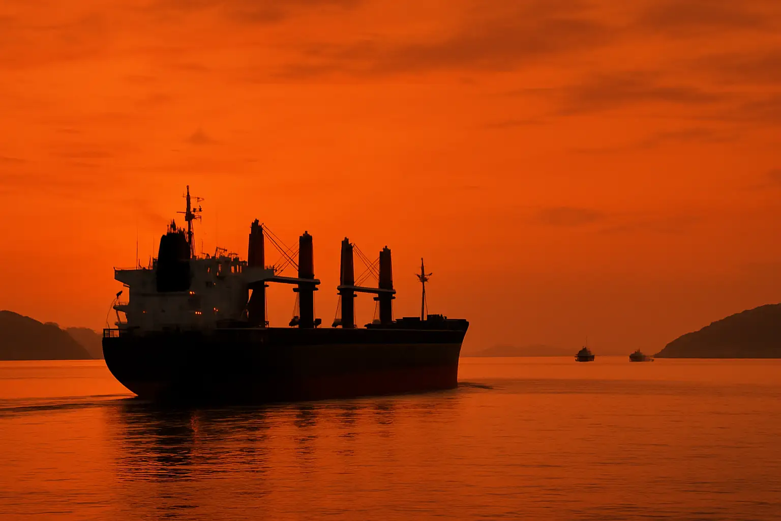 Commercial cargo ship navigating narrow sea strait with military vessels visible in the distance at dusk