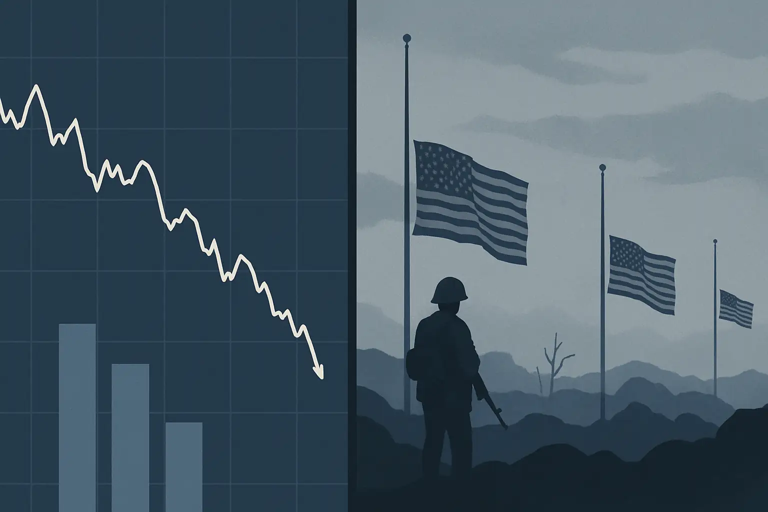 Crypto market chart declining against a backdrop of military and geopolitical tension imagery