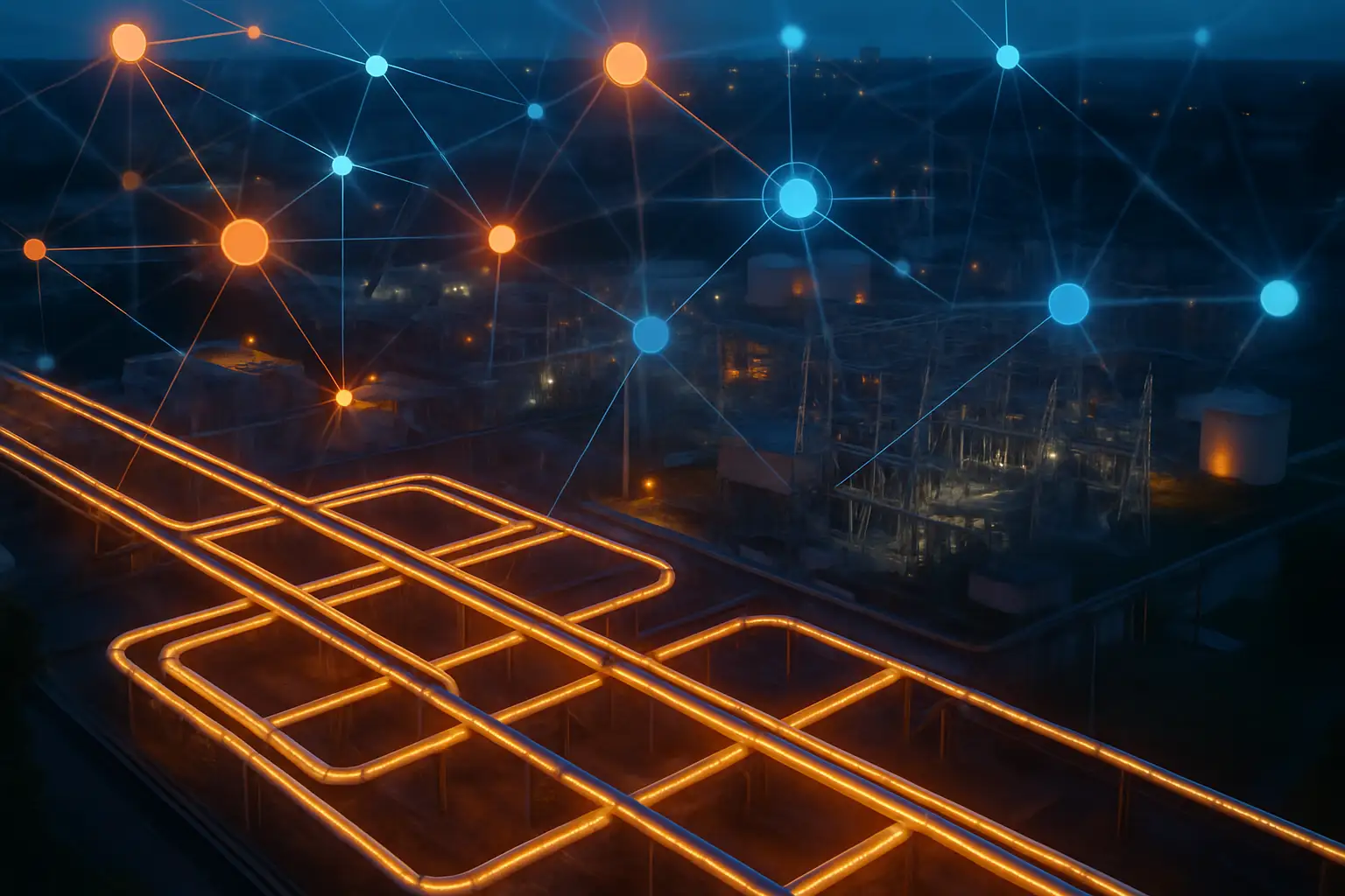 Abstract visualization of energy infrastructure and cryptocurrency network disruption