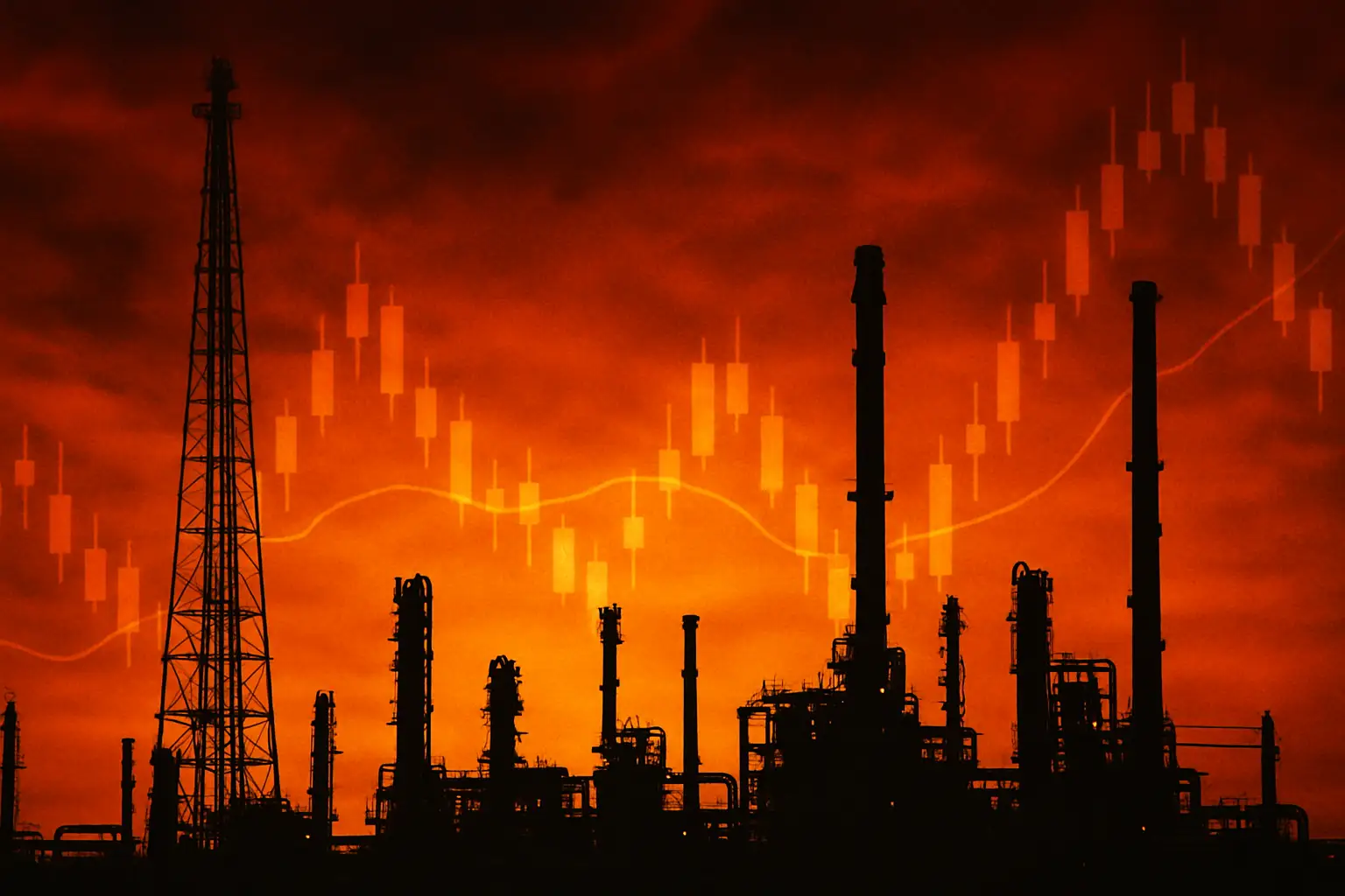 Abstract illustration of oil infrastructure silhouette against a tense orange sky with digital market data in the background