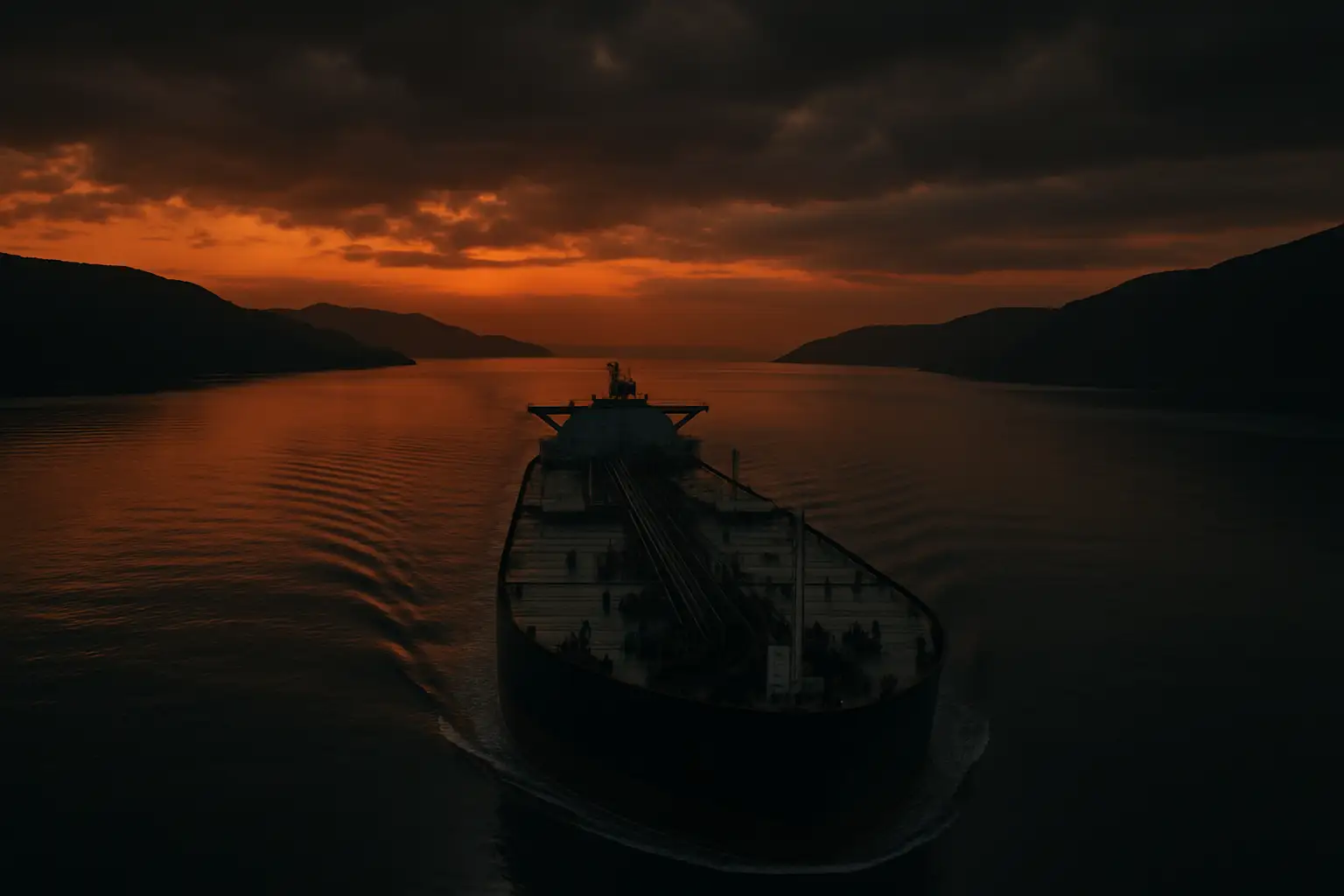 Aerial view of a commercial tanker ship passing through a narrow strait at dusk with tension in the sky