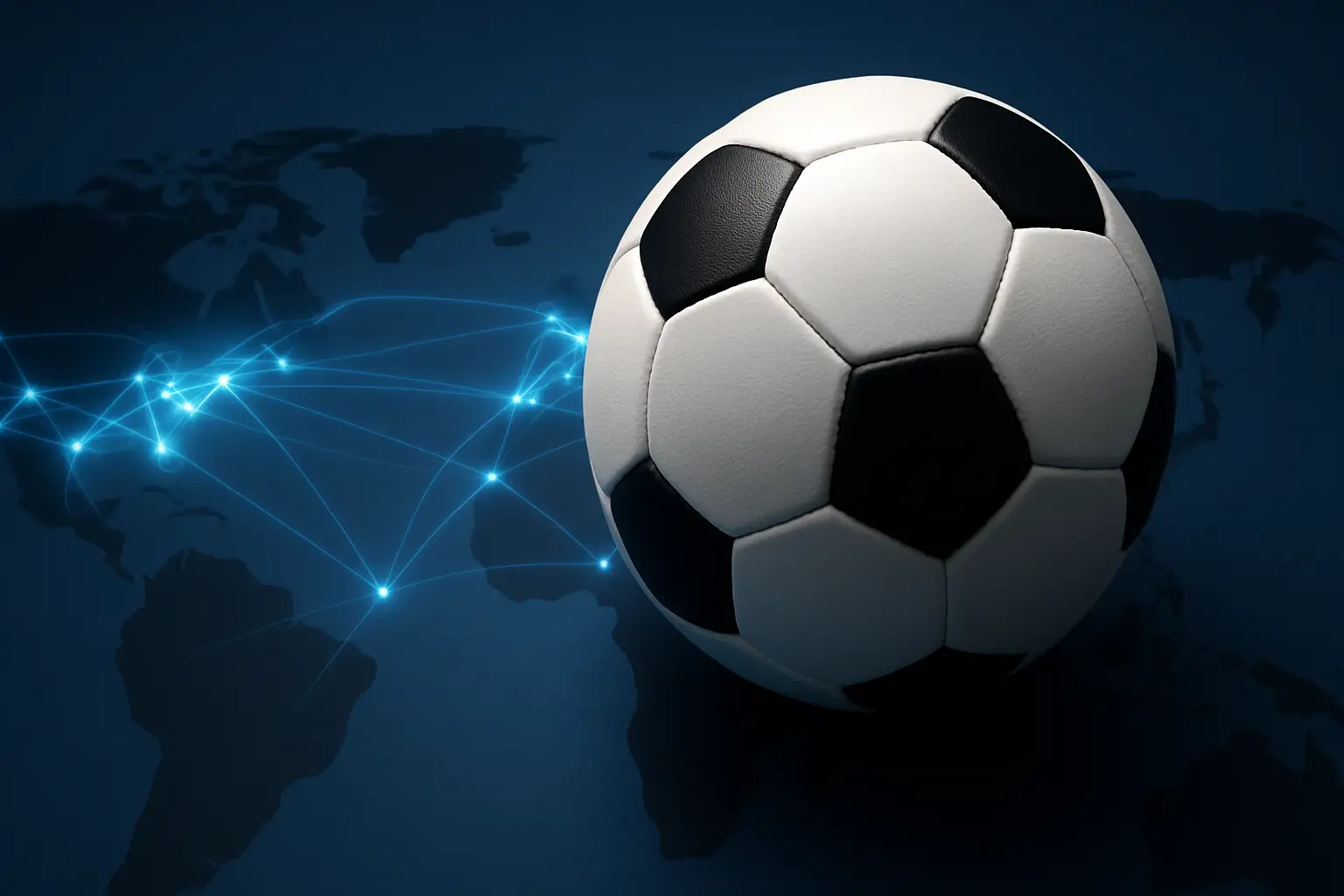 A football on a world map with digital blockchain nodes connecting some regions but leaving others dark
