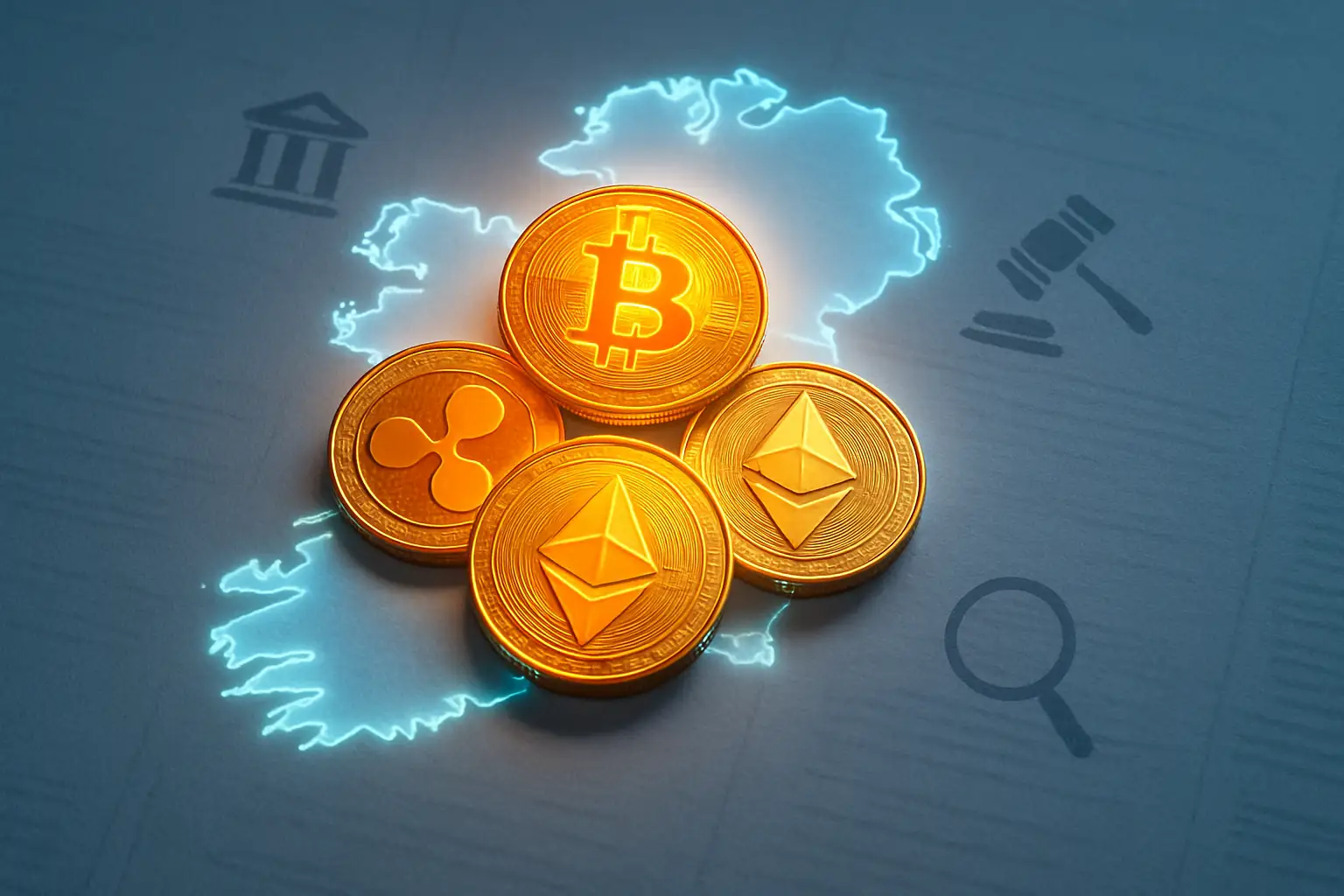 Abstract digital coins overlaid on a map of Ireland with regulatory symbols