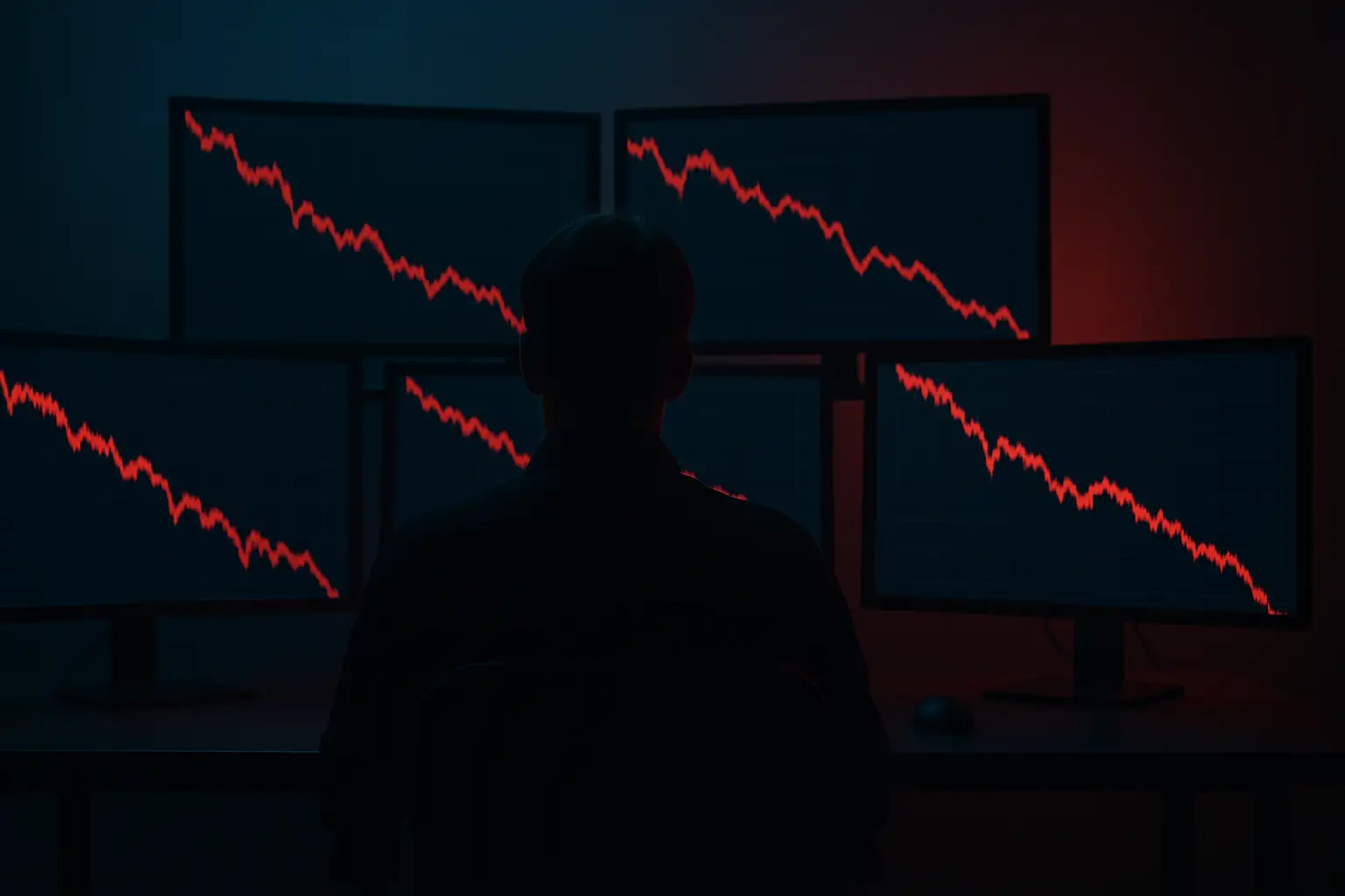 A trader staring at multiple screens showing falling market charts in a dimly lit room