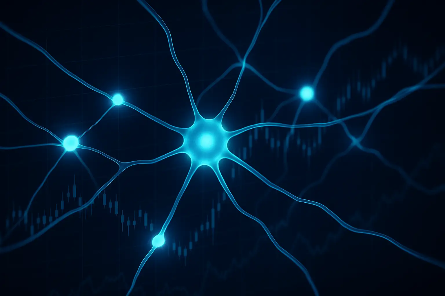 Abstract visualization of AI neural networks overlaid on financial market data streams
