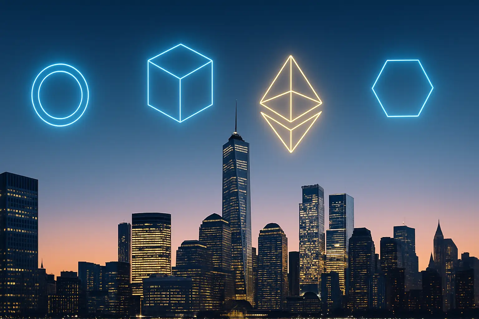 Abstract illustration of digital currency symbols overlaid on a Japanese financial district skyline at dusk