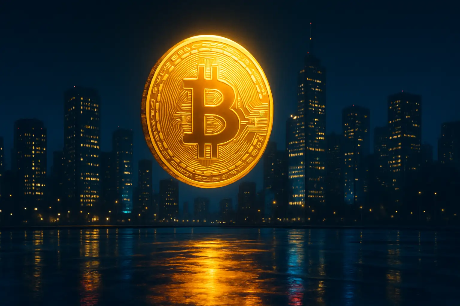 A digital representation of Bitcoin glowing against the backdrop of a Japanese urban skyline at night