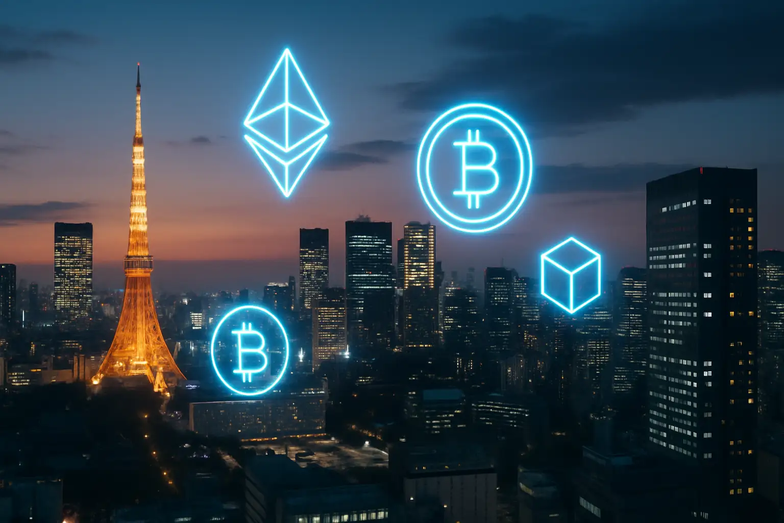 Abstract illustration of Japanese financial district with digital currency symbols overlaid on a city skyline