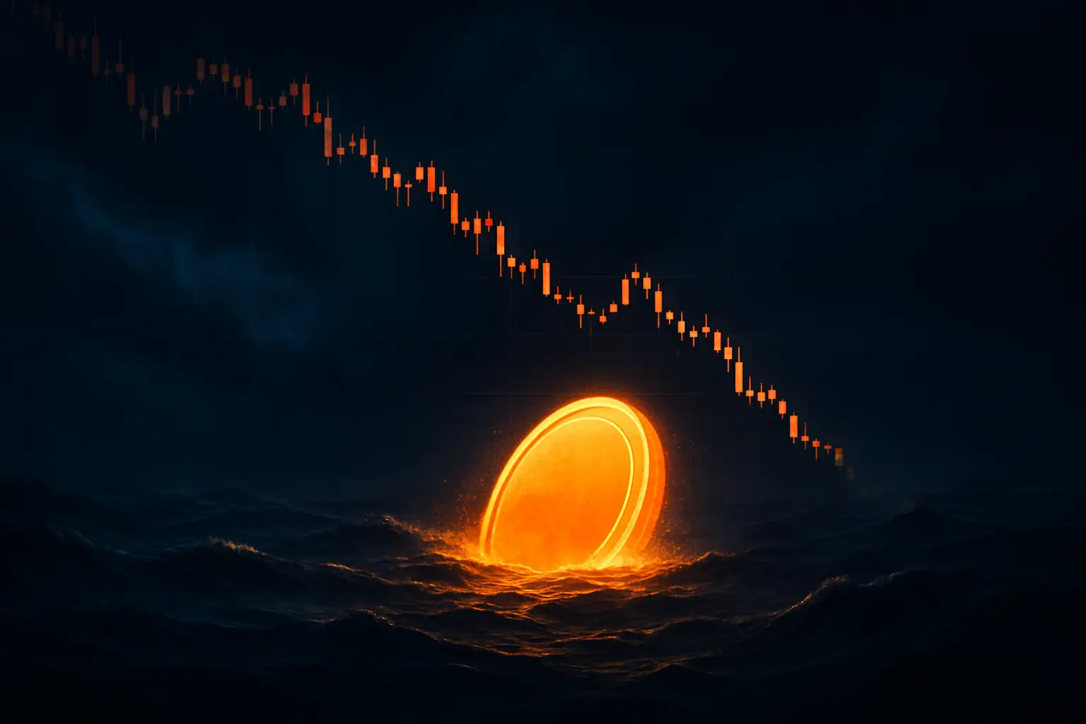Abstract illustration of a volatile digital currency graph declining over time against a dark financial background