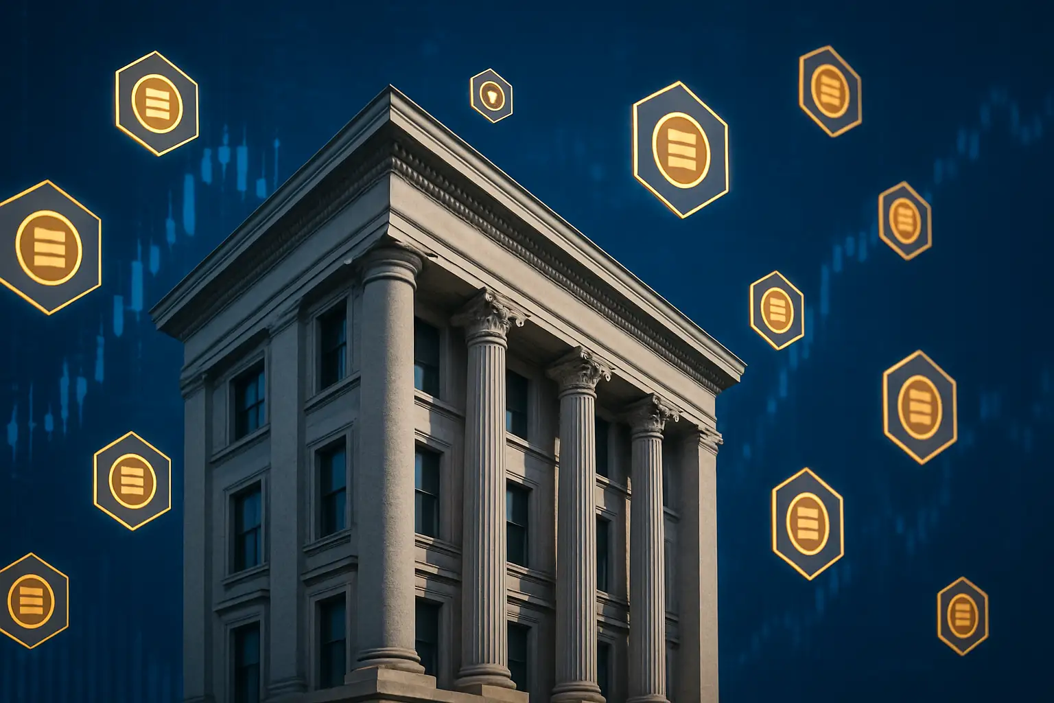 Abstract representation of a large bank building merging with digital coin symbols against a blue financial backdrop