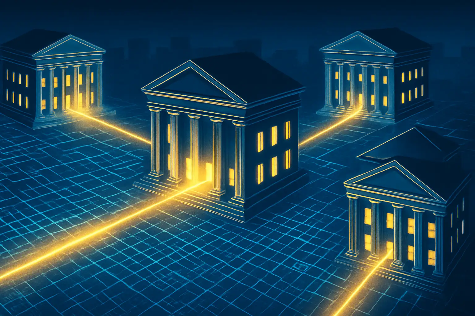 Abstract illustration of financial data flowing through interconnected blockchain nodes representing bank settlement networks