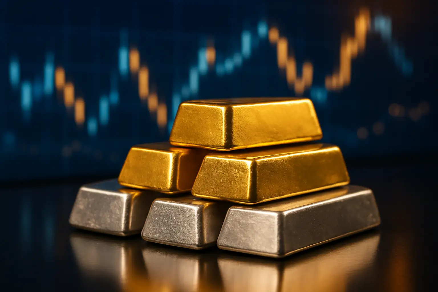 Gold and silver bars alongside a trading screen showing futures price charts