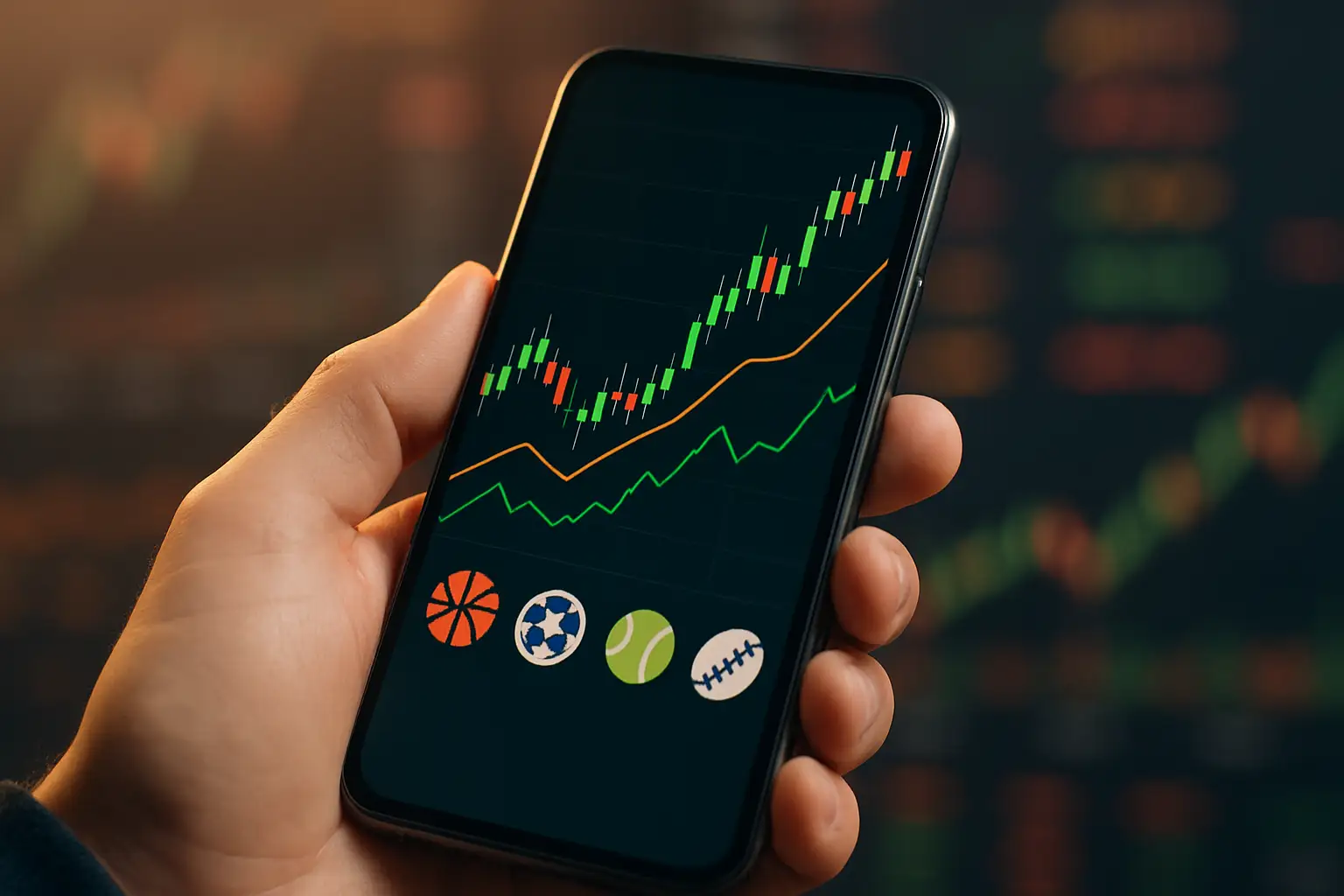 A smartphone showing a prediction market app interface with crypto and sports market options on screen