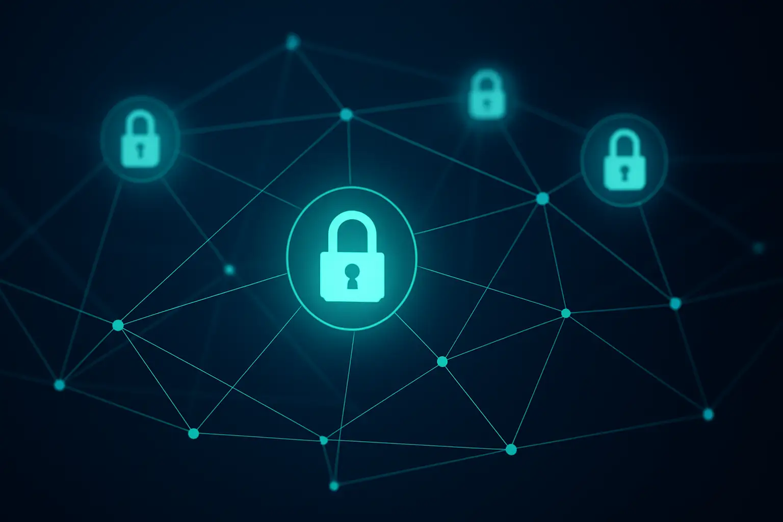 Abstract visualization of a cryptographic trust network with interconnected digital nodes and lock symbols
