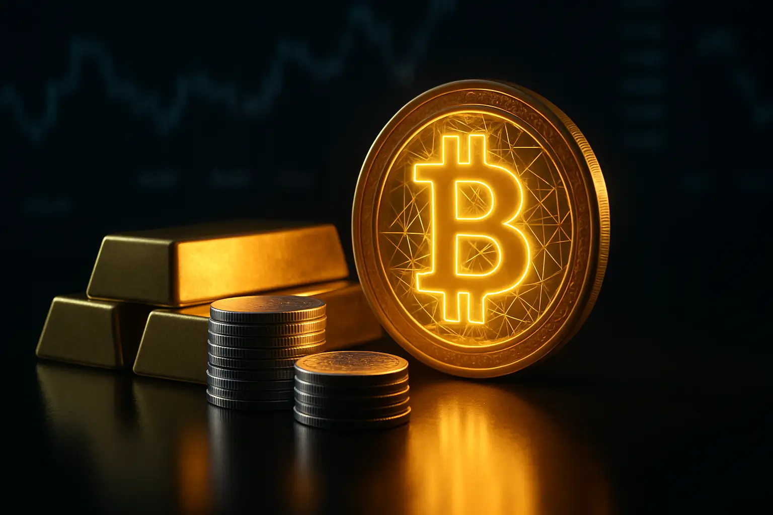 Gold bars, silver coins, and a Bitcoin symbol arranged on a dark financial background