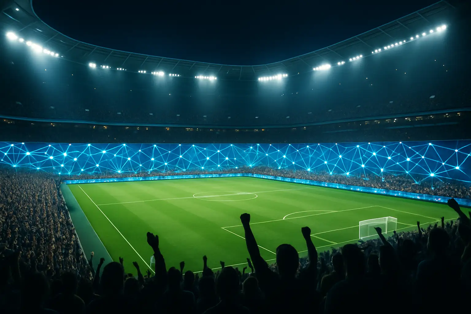 Crypto exchange branding displayed inside a packed football stadium at night