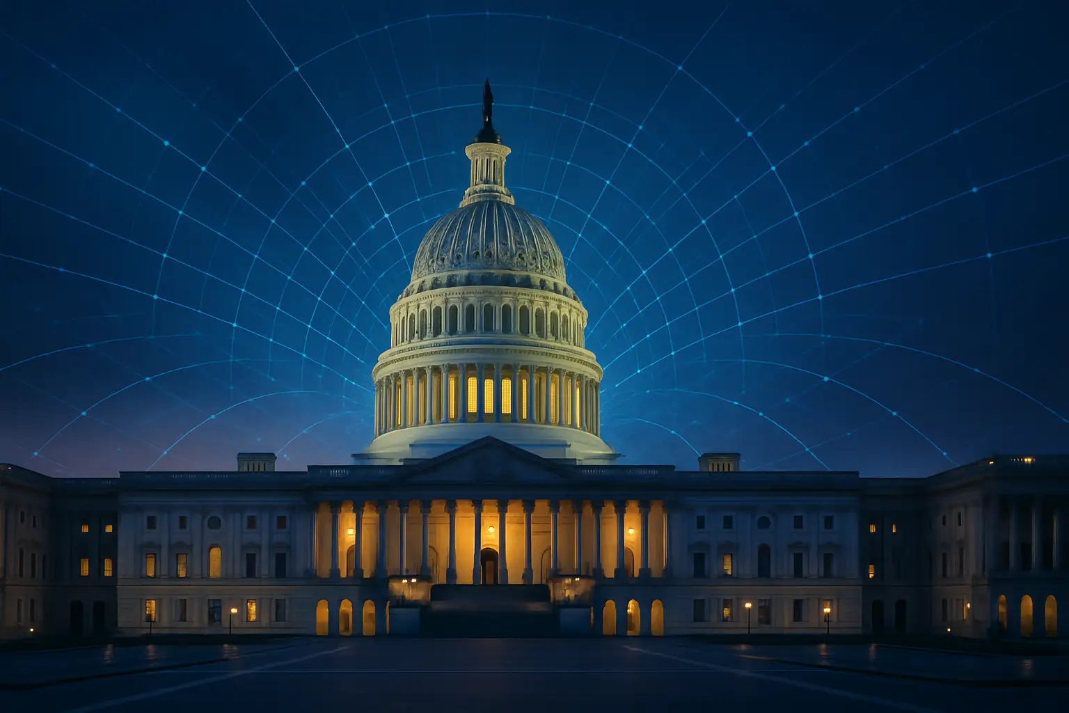 US Capitol building with digital blockchain network overlay representing crypto legislation