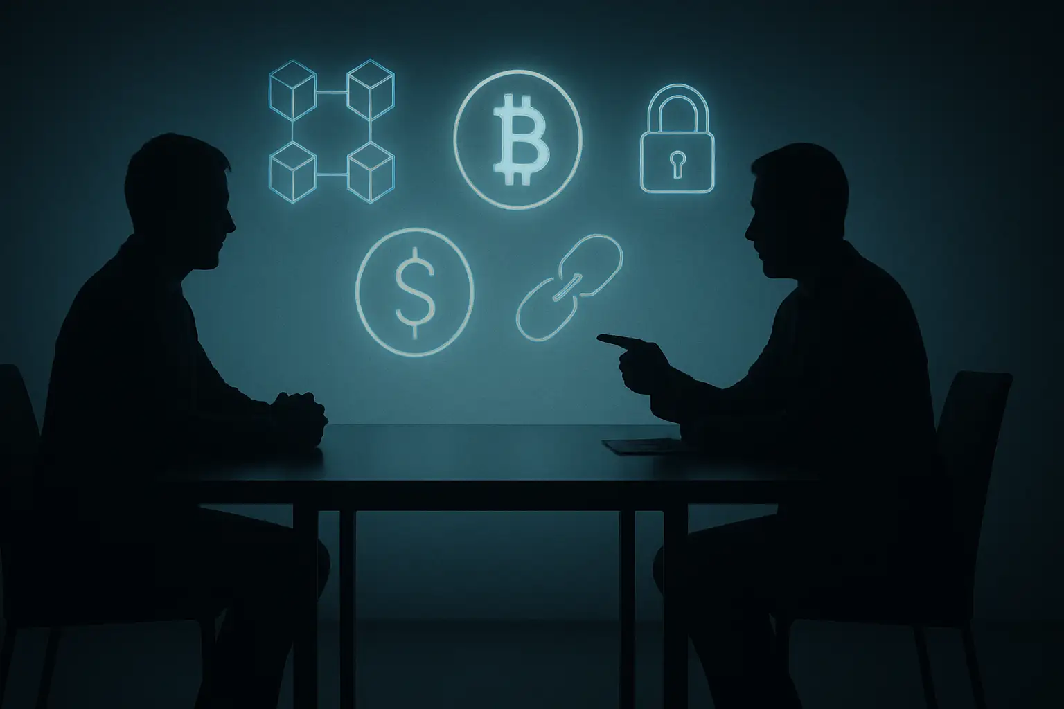 Two silhouetted figures facing each other across a courtroom table with glowing crypto symbols in the background