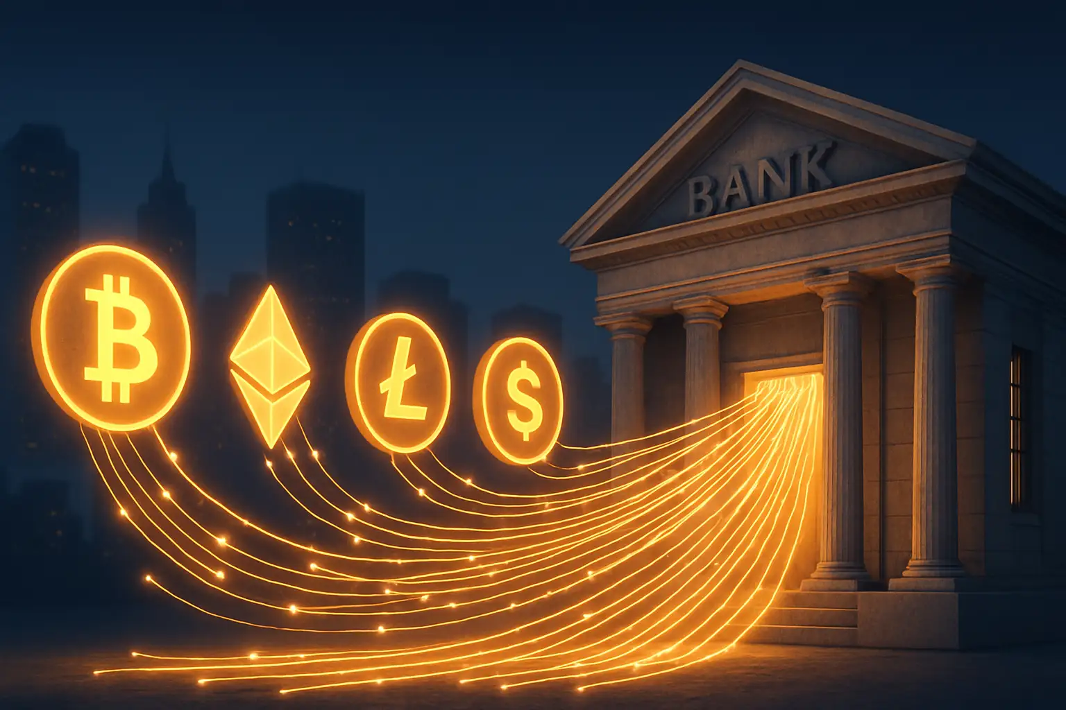 Illustration of digital asset data flowing into a large institutional bank building