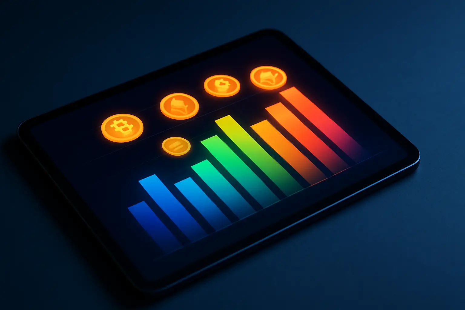 A digital screen displaying a cryptocurrency portfolio tracker with various coin symbols and price charts