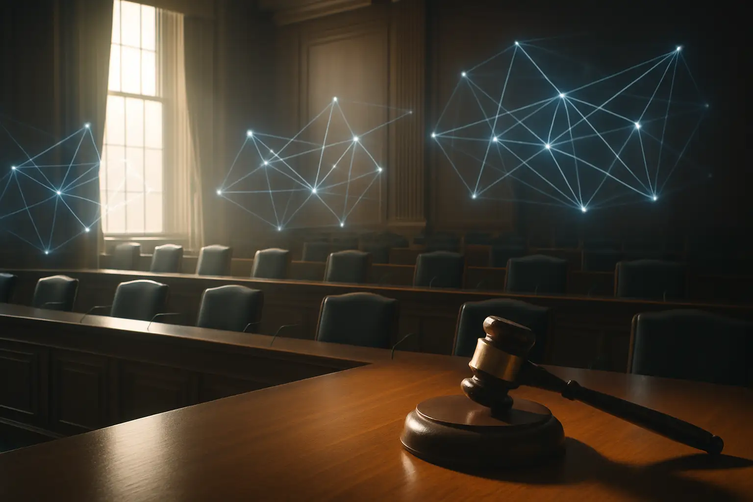 A legislative chamber setting with digital currency symbols overlaid on legal documents