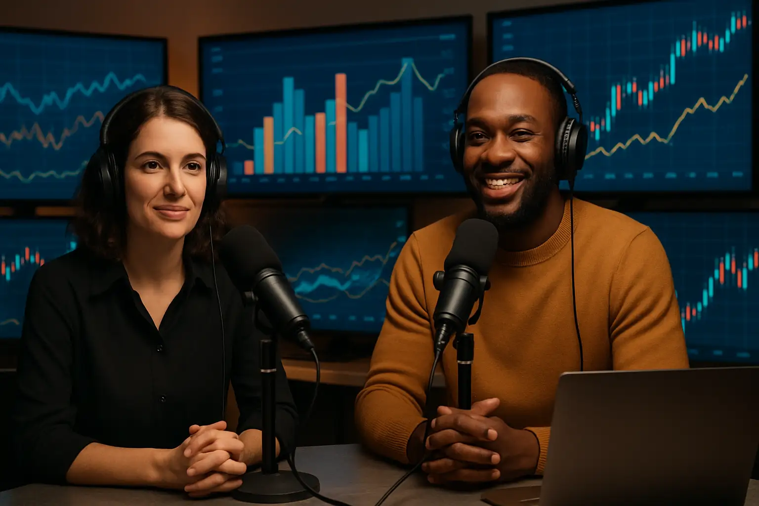 Two analysts discussing crypto and macro market charts on screens in a modern studio setting