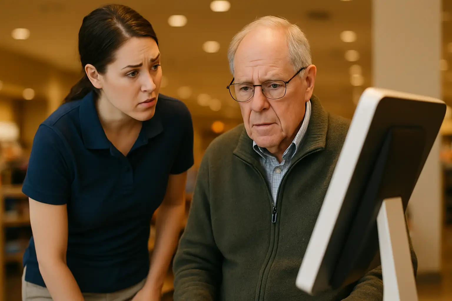 A store employee gently speaking with an elderly customer near a cryptocurrency kiosk inside a retail store