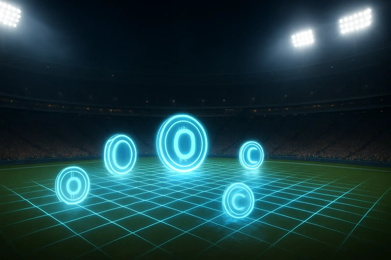 Abstract digital illustration of a football stadium with glowing crypto token symbols floating above the pitch
