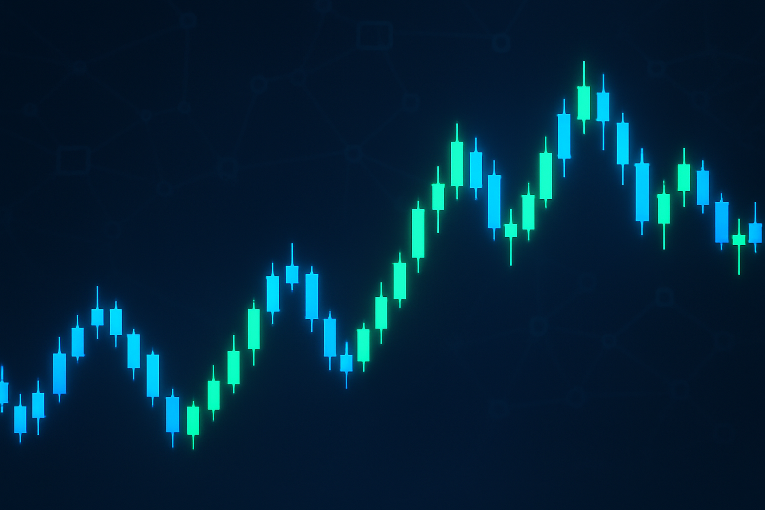 Abstract digital chart showing cryptocurrency price trend lines in blue and green on a dark background