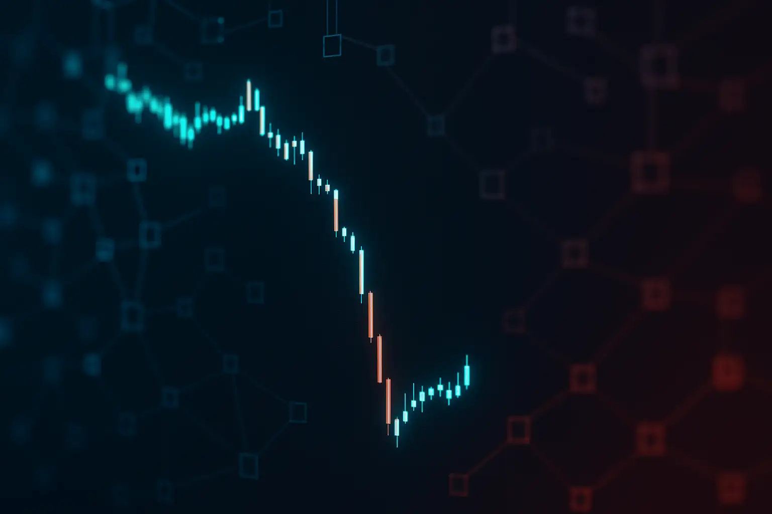Abstract visualization of a crypto token price chart showing a sharp drop followed by a small recovery