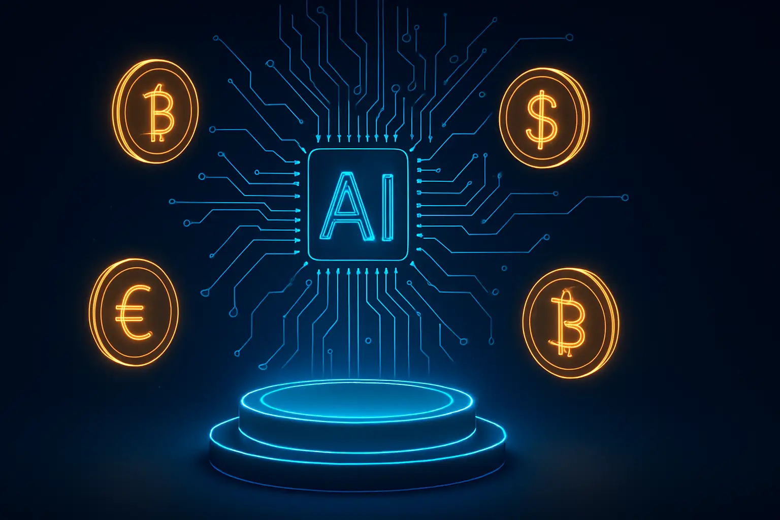 Futuristic crypto launchpad concept with meme coin symbols and AI circuit patterns