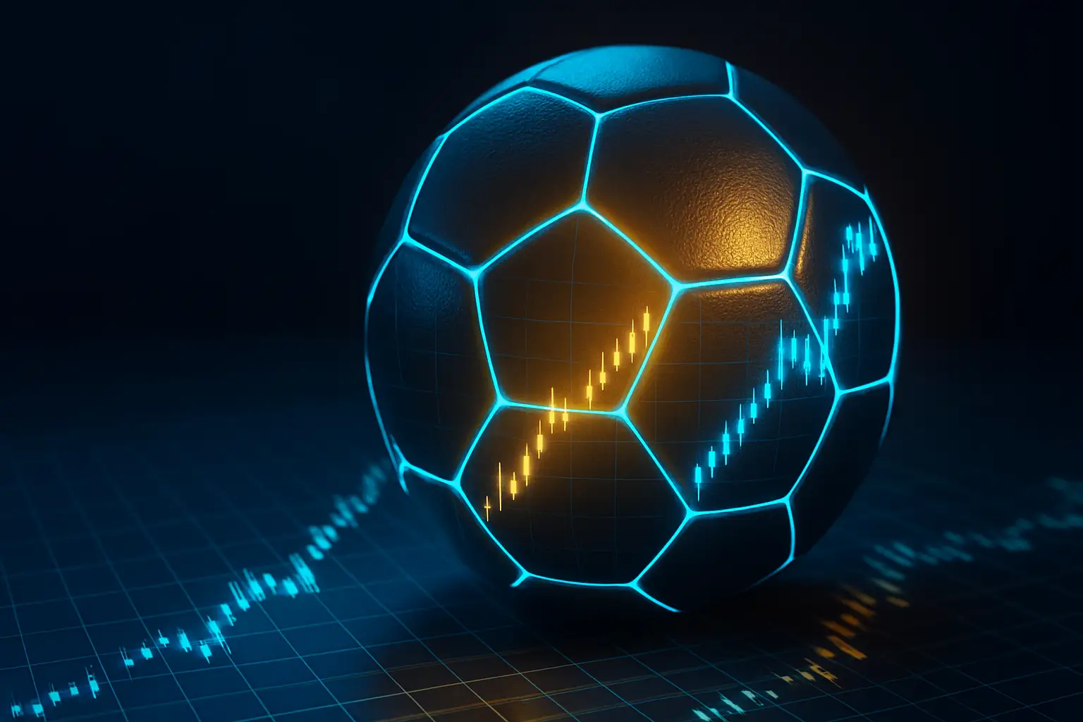 A glowing digital soccer ball surrounded by rising blockchain token price charts on a dark background