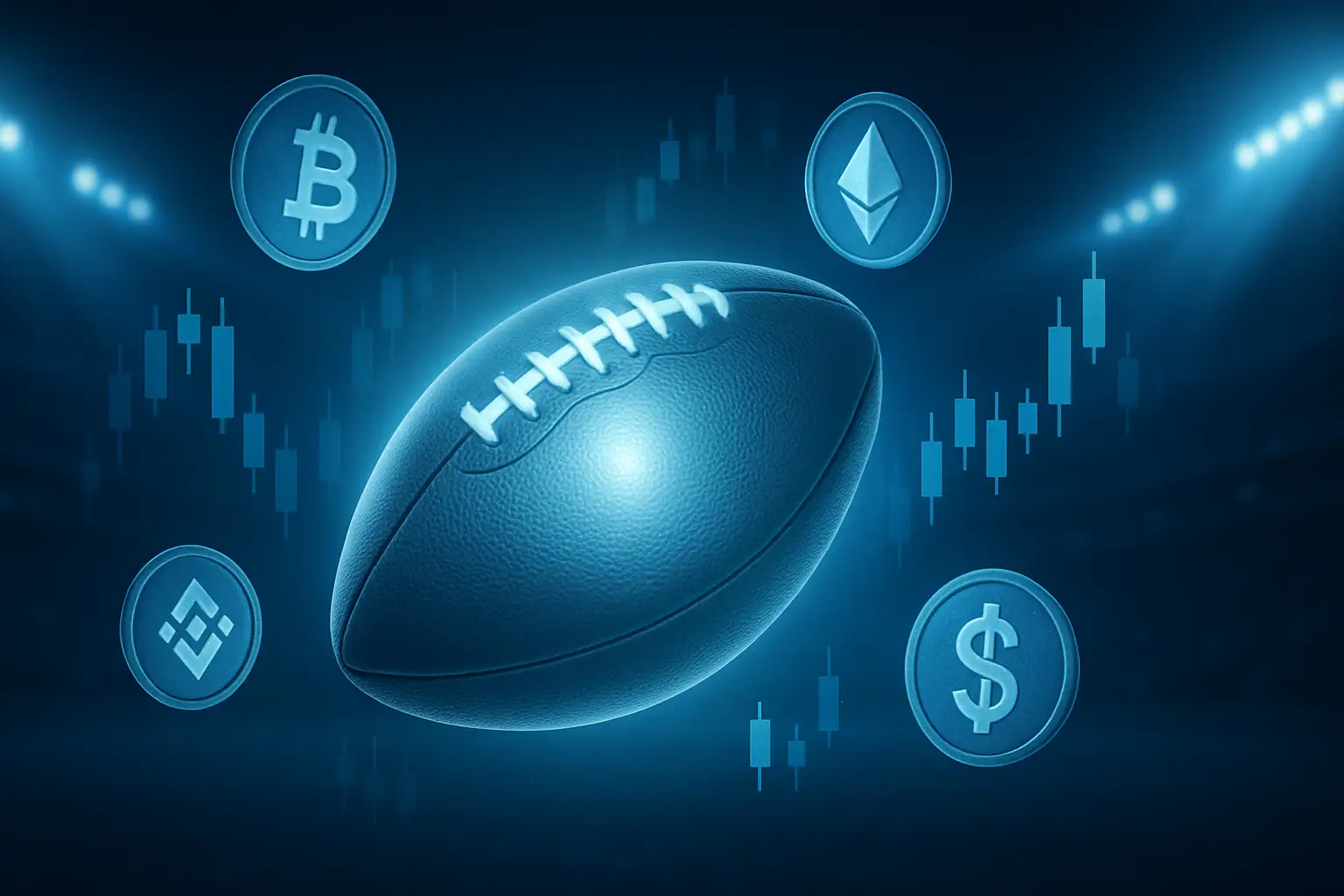 Abstract digital illustration of a football and glowing crypto coin symbols against a dynamic background
