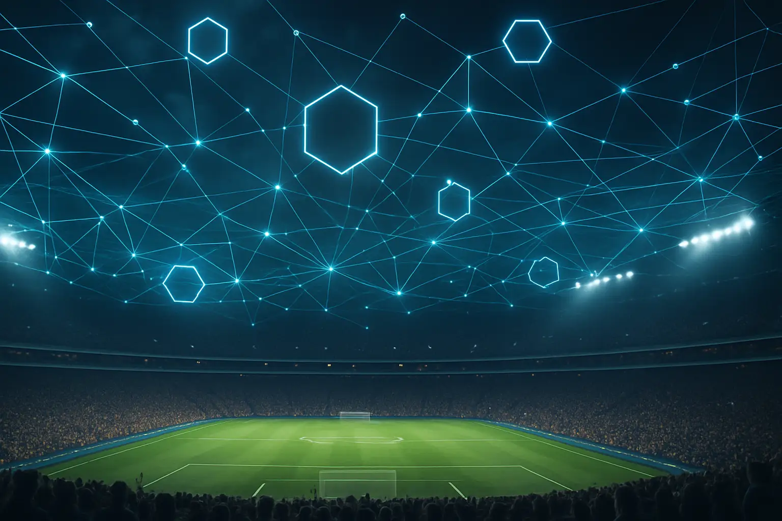 A packed football stadium at night with digital blockchain network graphics overlaid on the crowd