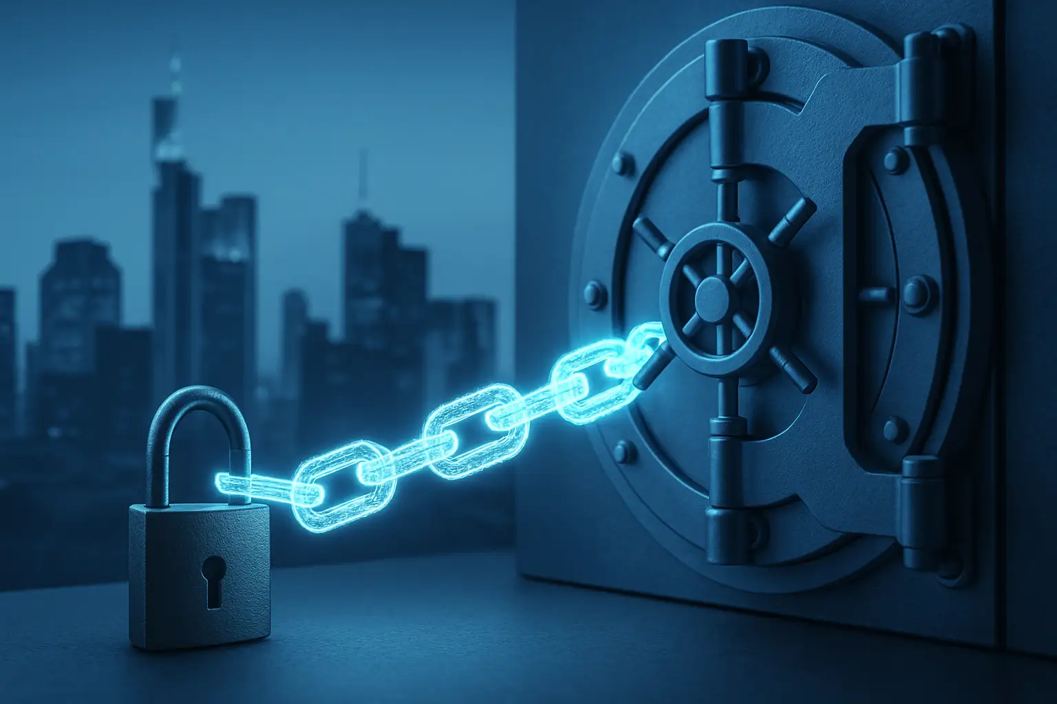 Abstract illustration of digital asset custody infrastructure with regulatory compliance symbols in a European context