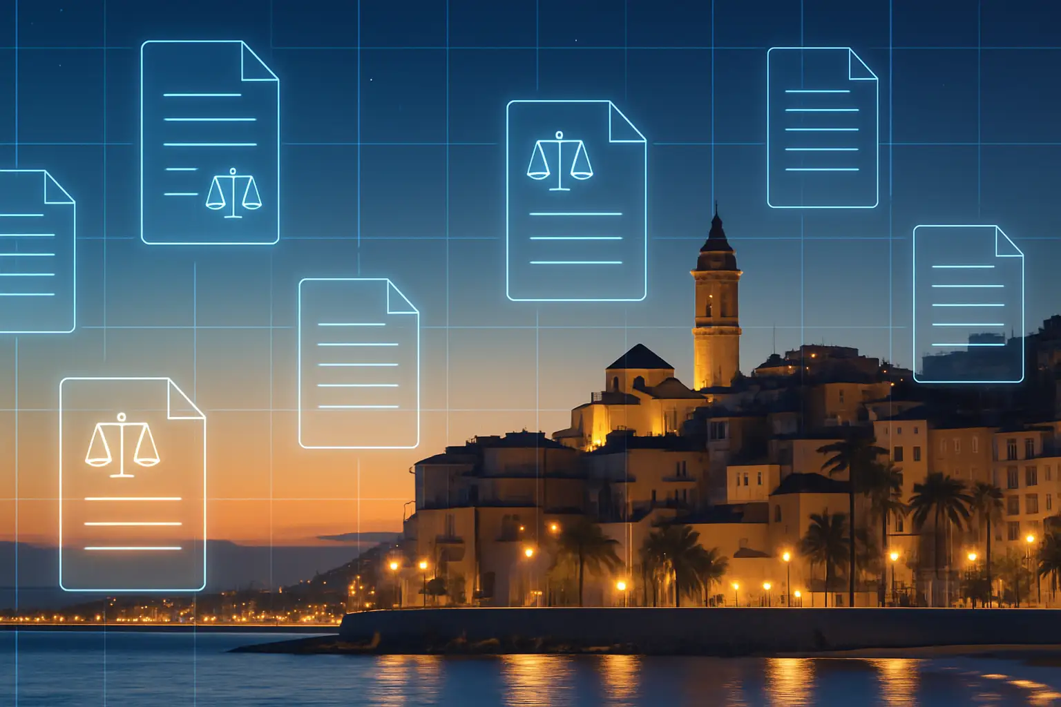 Cyprus city skyline with digital financial regulation symbols overlaid in a blue tone