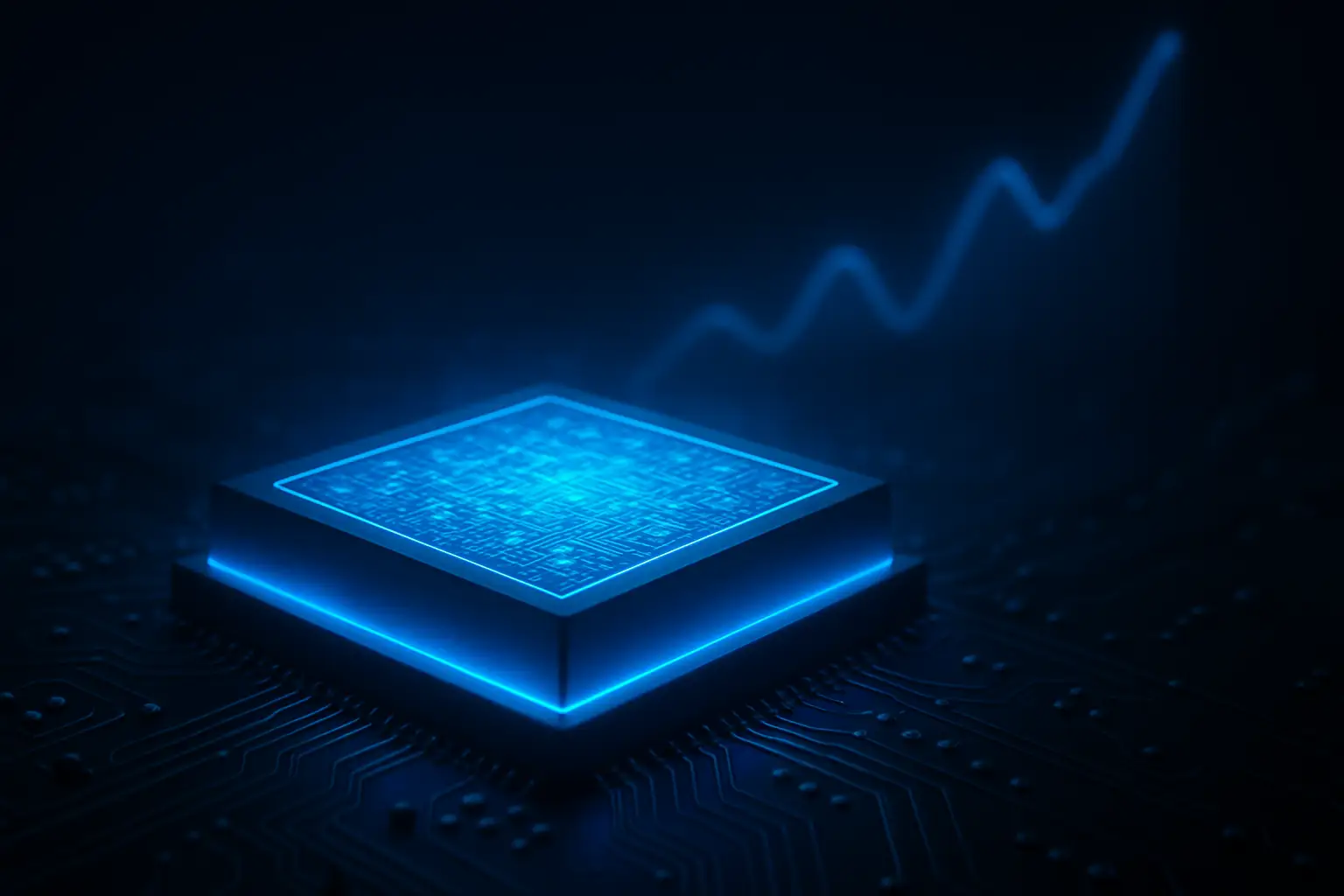 Glowing semiconductor chip on a circuit board with rising graph lines in the background