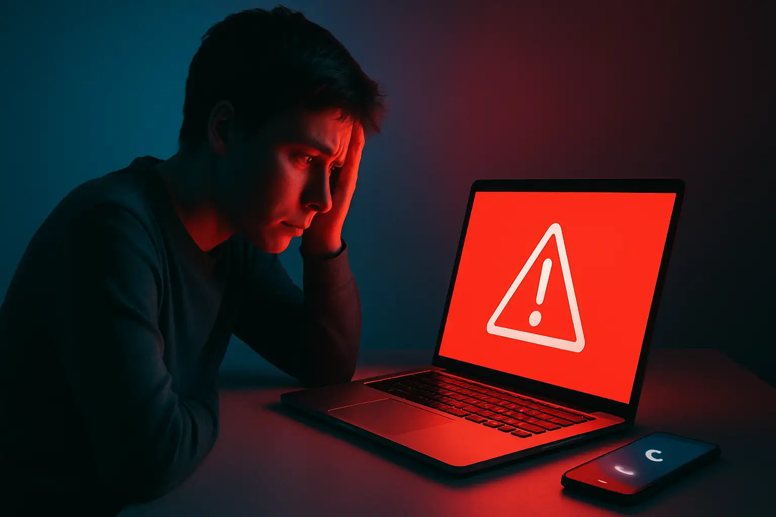 A person looking alarmed at a laptop screen showing a fake security warning popup
